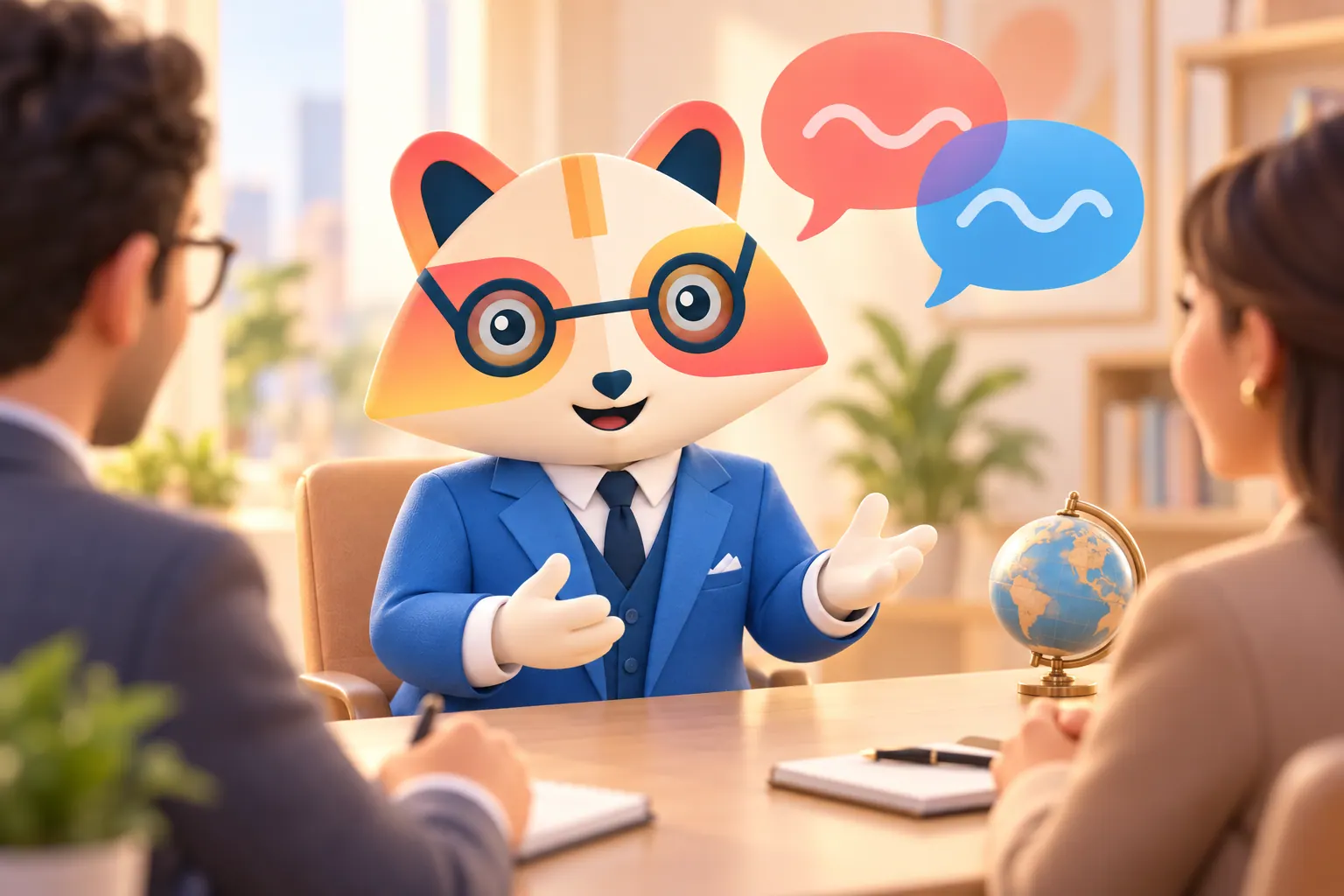 The Huru mascot speaking at an interview table with two overlapping speech bubbles, one coral and one blue, above it, while two interviewers listen, with a desk globe on the table