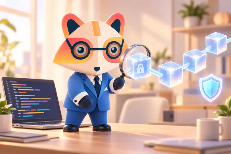 The Huru mascot inspecting a glowing translucent block with a padlock through a magnifying glass, part of a chain of linked blocks, with a laptop of colored code and a shield icon nearby