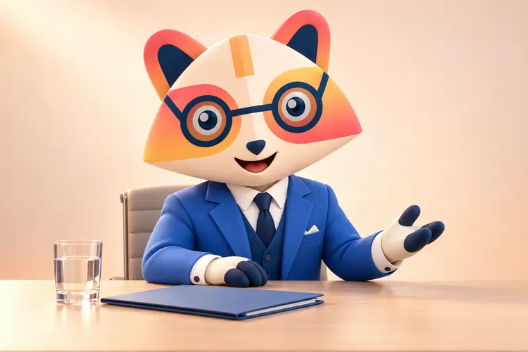 The Huru mascot sitting upright at an interview table, smiling, with one hand resting on the table and the other making an open gesture
