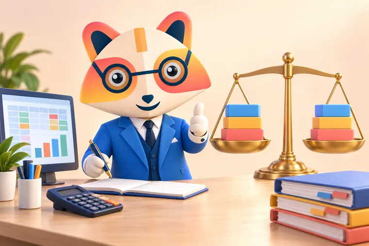 The Huru mascot at a desk writing in a ledger and giving a thumbs-up beside a golden balance scale with equal stacks of colorful blocks, a calculator, a spreadsheet monitor and tabbed binders