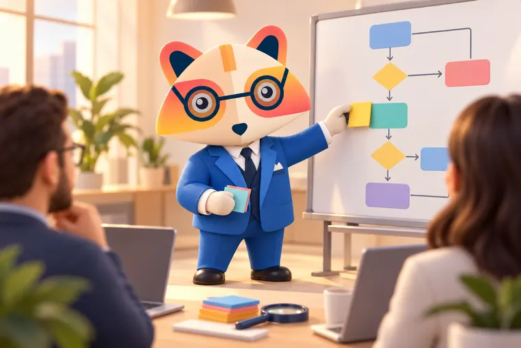 The Huru mascot placing a sticky note on a process flowchart on a whiteboard during a workshop, with two colleagues at laptops and user story cards and a magnifying glass on the table