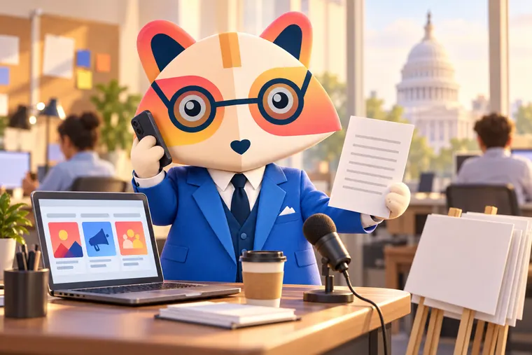 The Huru mascot on a phone call holding up a one-page statement in a busy campaign office, with a laptop showing social posts, a desk microphone, coffee and blank signs, and a domed government building outside