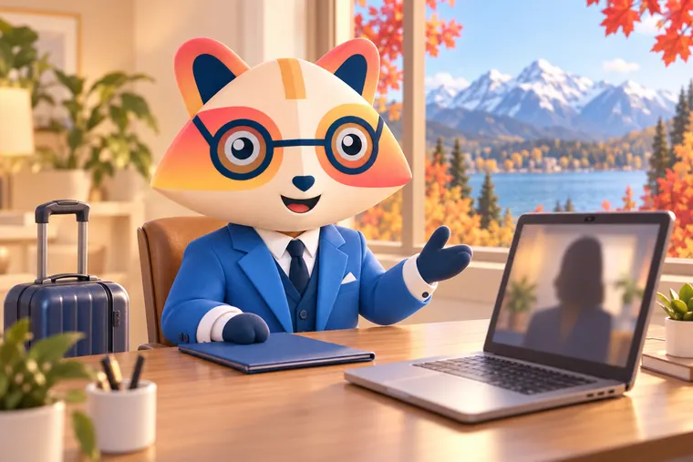 The Huru mascot smiling on a video call at a desk with a laptop and a folder, a suitcase beside the desk, and snow-capped mountains, a lake and red maple trees through the window
