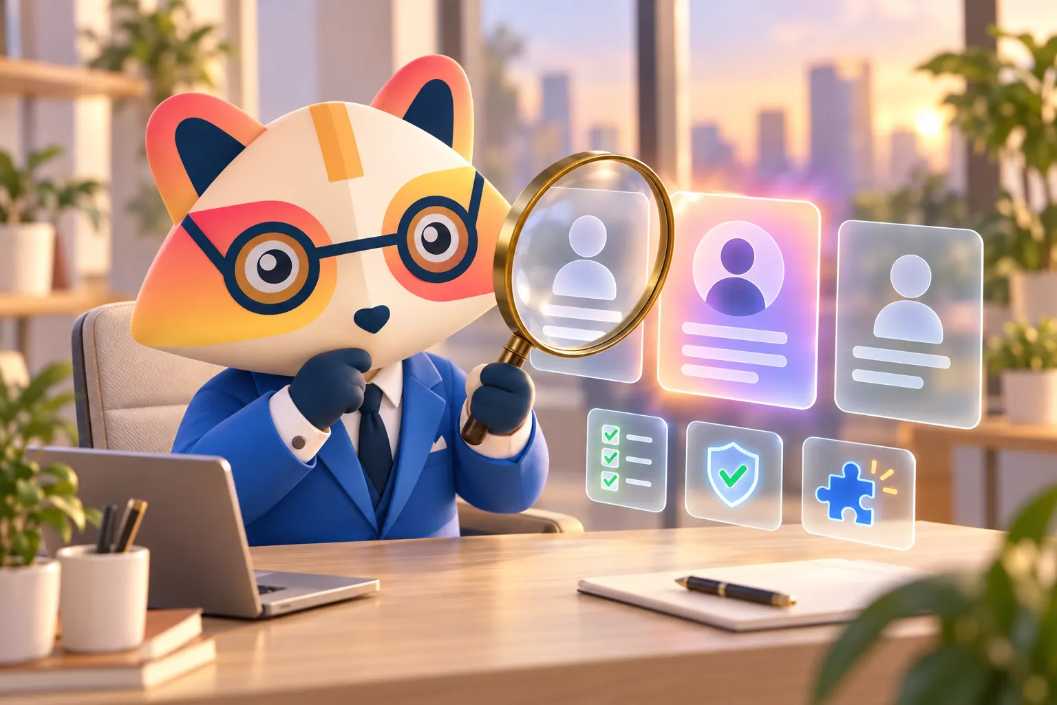 The Huru mascot at a desk examining three floating glass candidate cards through a magnifying glass, beside icons for a checklist, a security shield and a puzzle piece