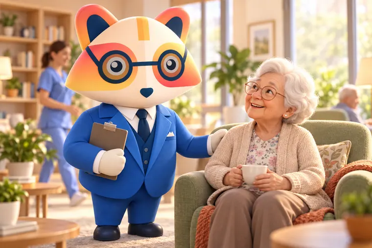 The Huru mascot holding a clipboard and resting a hand on the chair of a smiling elderly woman holding a cup of tea in a bright care home lounge, with a nurse walking in the background