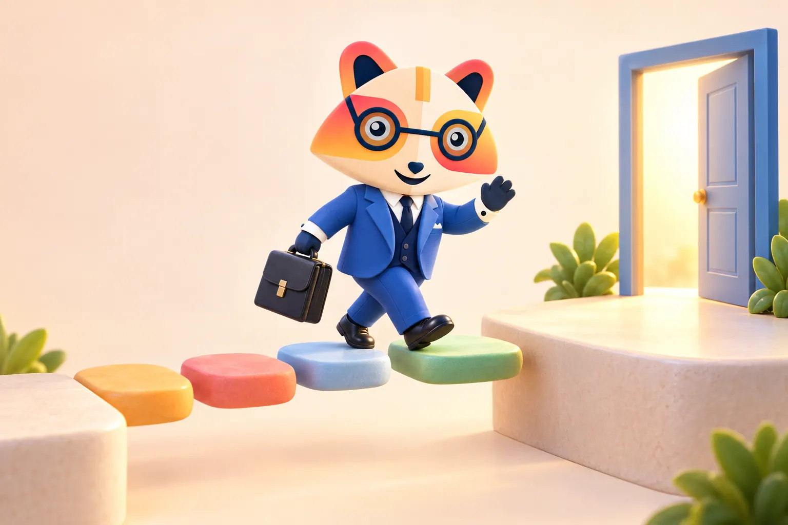 The Huru mascot with a briefcase, waving as it steps across colorful stepping stones that bridge a gap in a path, toward an open glowing doorway