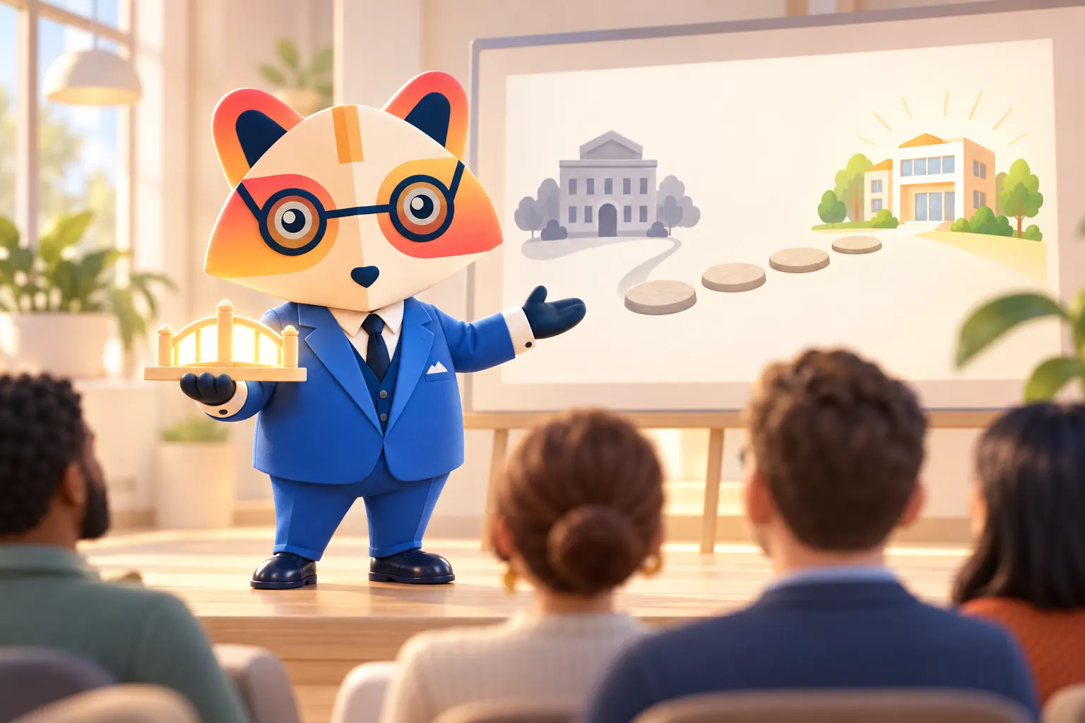 The Huru mascot holding a glowing bridge model and gesturing to a wall illustration of stepping stones leading from an old grey building to a bright new one, in front of a seated audience