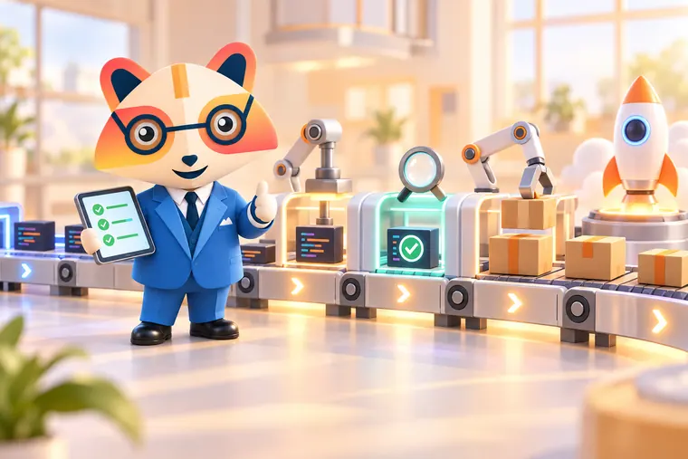 The Huru mascot giving a thumbs-up with a tablet of green checks beside an assembly line that builds, tests and packages code blocks, with robot arms, ending at a rocket on a launch pad