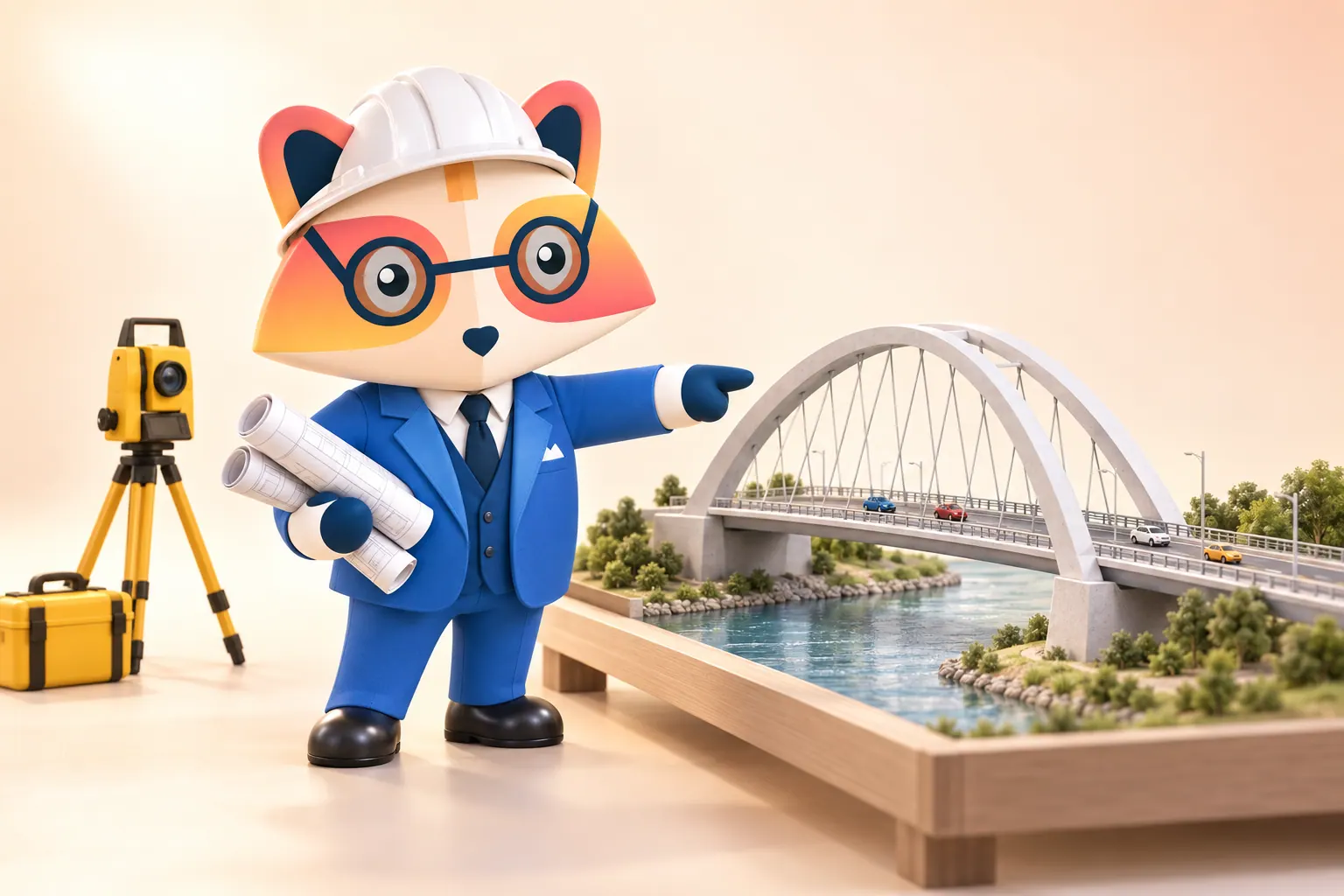 The Huru mascot in a white hard hat holding rolled blueprints and pointing at a tabletop model of an arched bridge over a river, with a yellow surveying instrument on a tripod