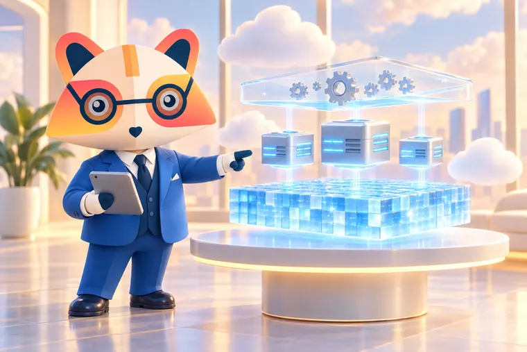 The Huru mascot pointing at a floating three-layer model: a slab of ice-blue cubes at the bottom, three separate compute blocks in the middle and a translucent layer of gears on top, surrounded by clouds