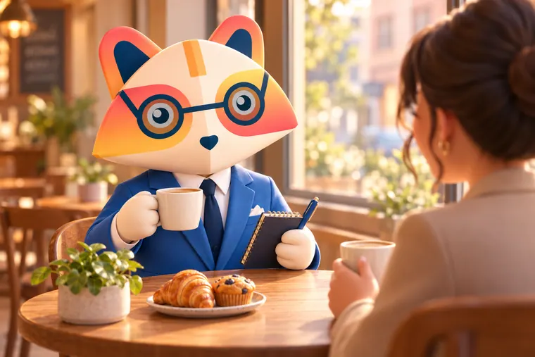 The Huru mascot at a small round cafe table by a sunny window, holding a coffee cup and a notebook and listening to a professional across the table, with pastries and a plant on the table