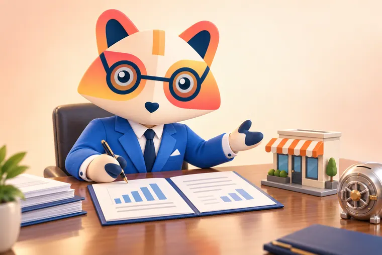 The Huru mascot at a desk with an open folder of charts, pen in hand, gesturing toward a small model storefront, next to a coin bank shaped like a vault