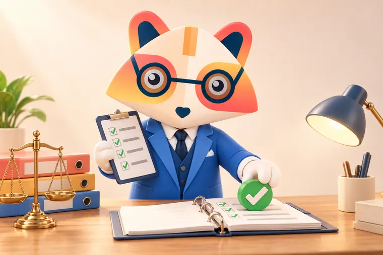 The Huru mascot holding a checklist clipboard and placing a green check token on an open binder, beside brass scales and colored binders