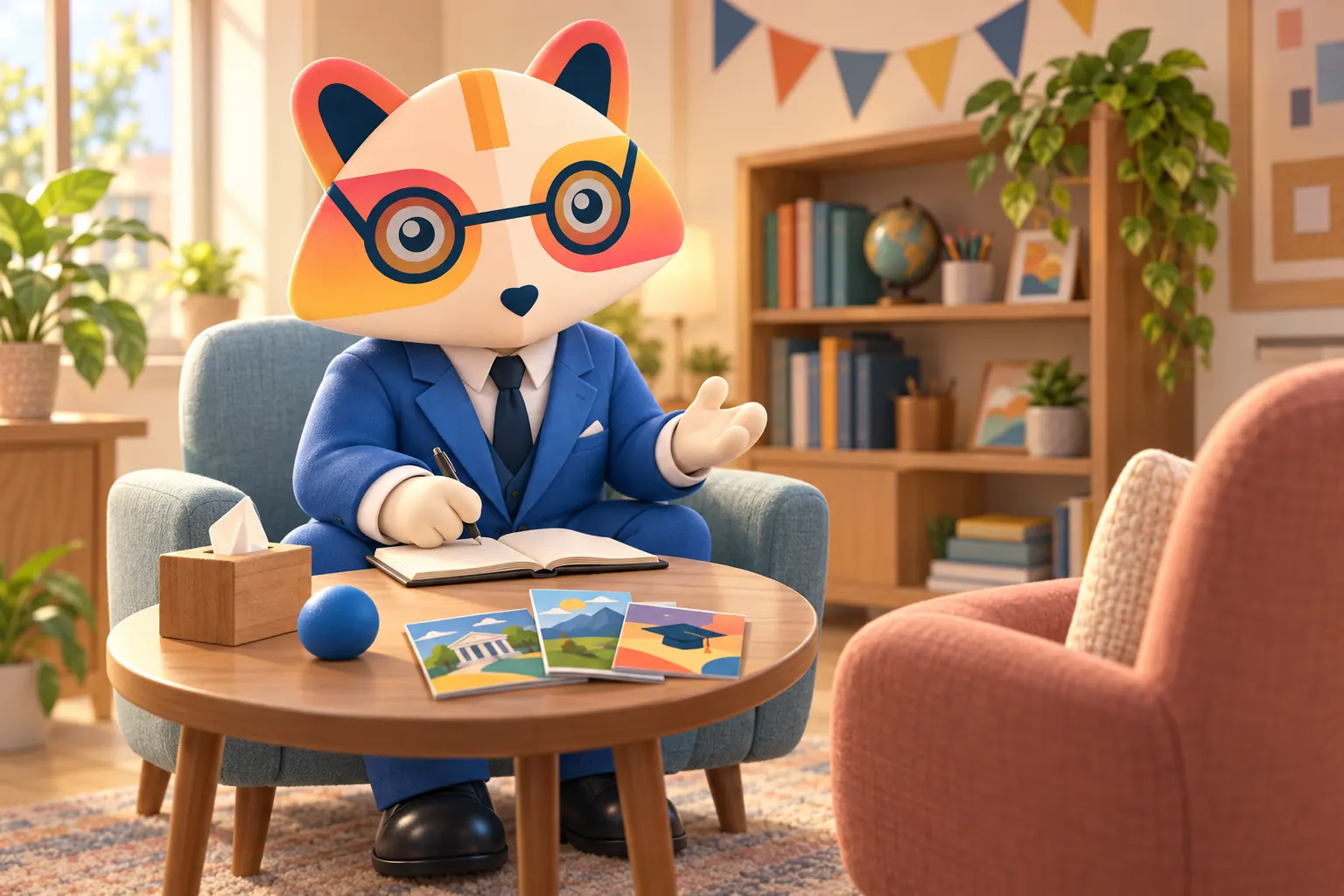 The Huru mascot taking notes and gesturing warmly in a counselor's office, across a table with tissues, a stress ball and college brochures from an empty cushioned armchair