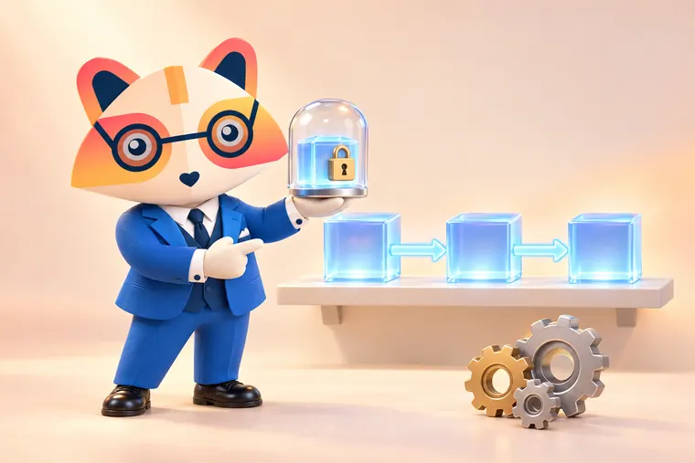 The Huru mascot holding a glass capsule with a padlocked memory block and pointing at glowing memory blocks linked by arrows on a shelf, with gears on the floor