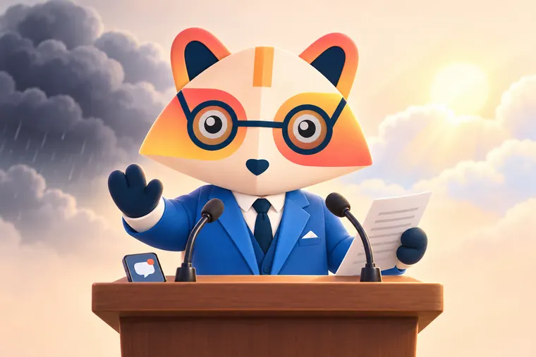 The Huru mascot at a press podium with two microphones, raising a hand calmly while holding a statement, with storm clouds giving way to sunshine behind