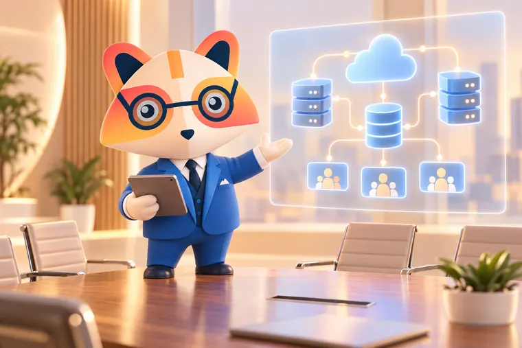 The Huru mascot in a boardroom holding a tablet and gesturing to a floating glowing architecture diagram of a cloud, servers, a database and team icons