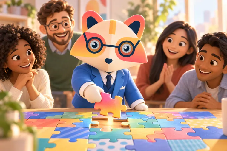 The Huru mascot placing a colorful puzzle piece into a nearly complete puzzle of many different colors and patterns while a smiling team watches around the table