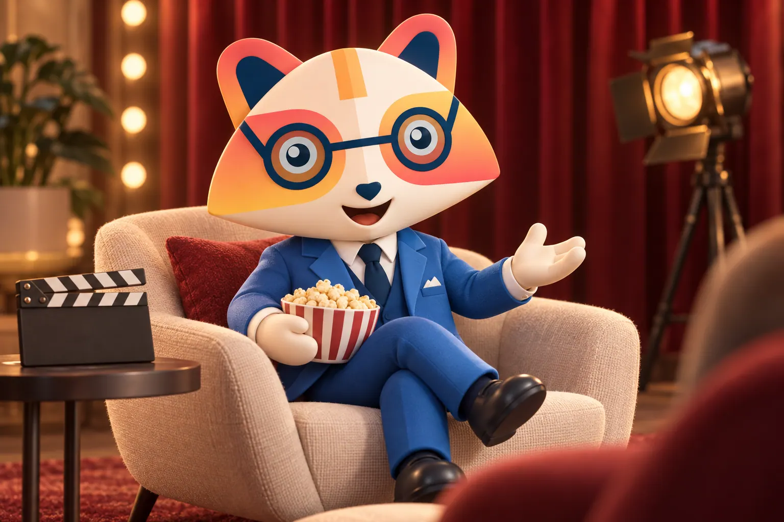The Huru mascot in an armchair in a screening room with red curtains and stage lights, holding popcorn and talking candidly