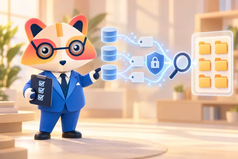 The Huru mascot holding a checklist and pointing at glowing data streams flowing from databases through tags, a padlock shield and a magnifying glass into an organized catalog of folders