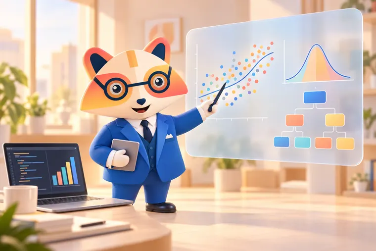 The Huru mascot pointing at a floating panel with a scatter plot and fitted curve, a bell curve and a decision tree, holding a tablet, next to a laptop showing code and a bar chart