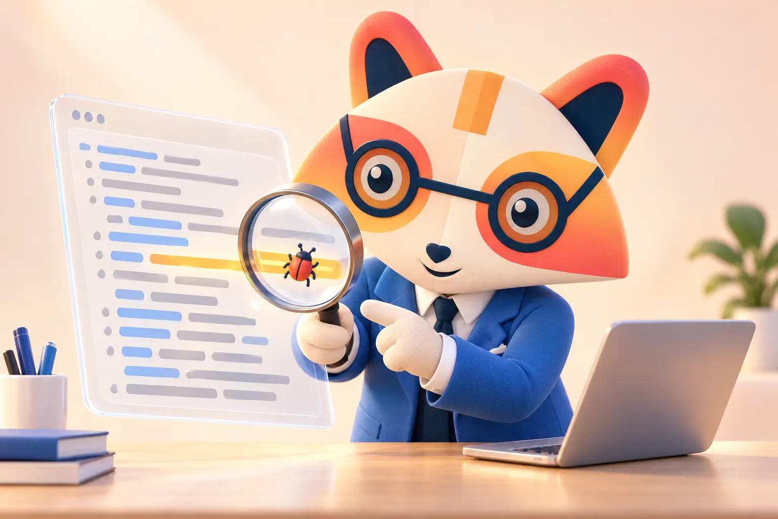 The Huru mascot holding a magnifying glass over a small bug on a highlighted line of a code panel, pointing at it, next to a laptop
