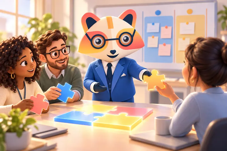 The Huru mascot handing a glowing puzzle piece to a colleague at a team table, while two other colleagues hold their own pieces next to a glowing puzzle being assembled in the center