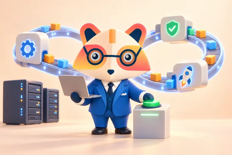 The Huru mascot holding a laptop and pressing a green button in front of an infinity-shaped conveyor carrying colored cubes through gear, shield and rocket stations, next to server racks