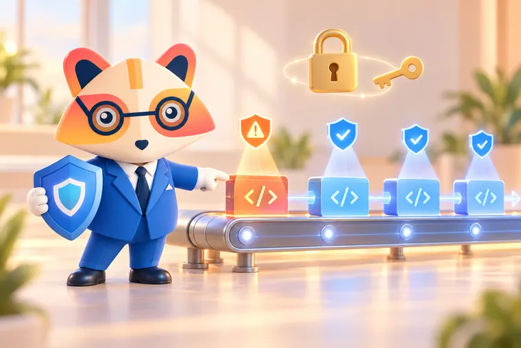 The Huru mascot holding a shield and pointing at an amber warning caught early on a conveyor of code blocks scanned by shield icons, with a padlock and key floating above