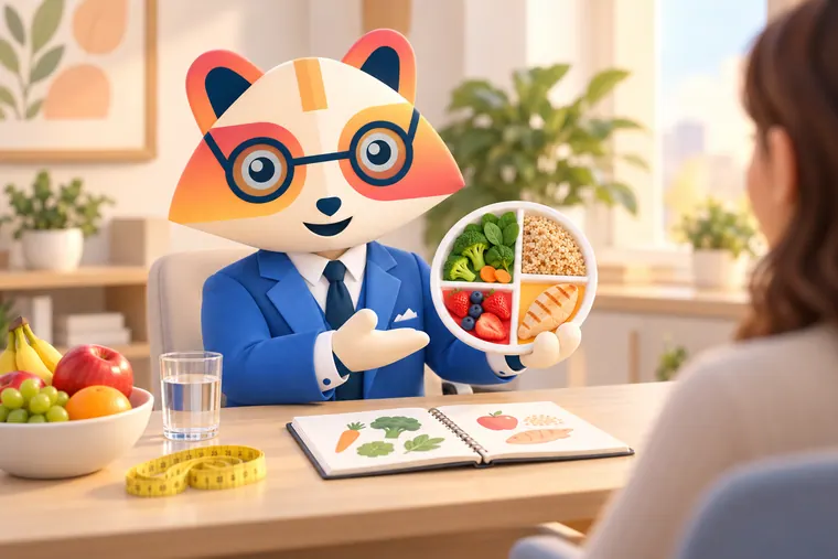 The Huru mascot at a consultation desk holding a divided plate model with vegetables, grains, fruit and protein, explaining it to a client, with a fruit bowl, a glass of water, a measuring tape and a notebook