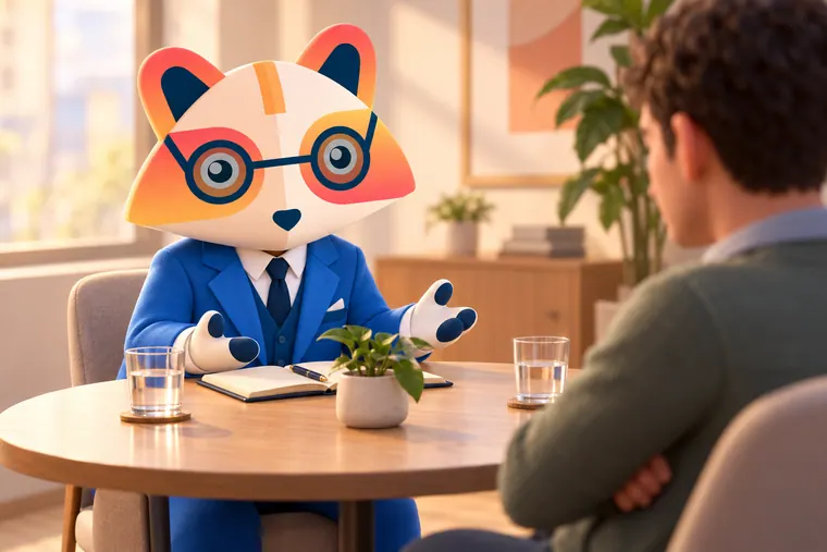 The Huru mascot at a round table in a calm meeting room, leaning in with an open hand gesture and a notebook, talking with a frustrated employee who has their arms crossed