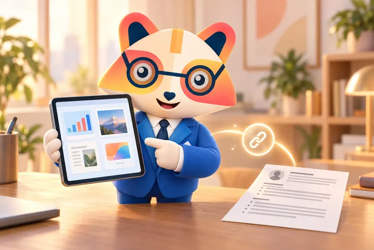 The Huru mascot holding a tablet showing a portfolio with chart, photo, document and slide thumbnails, pointing at it, with a printed one-page resume on the desk linked by a glowing link icon