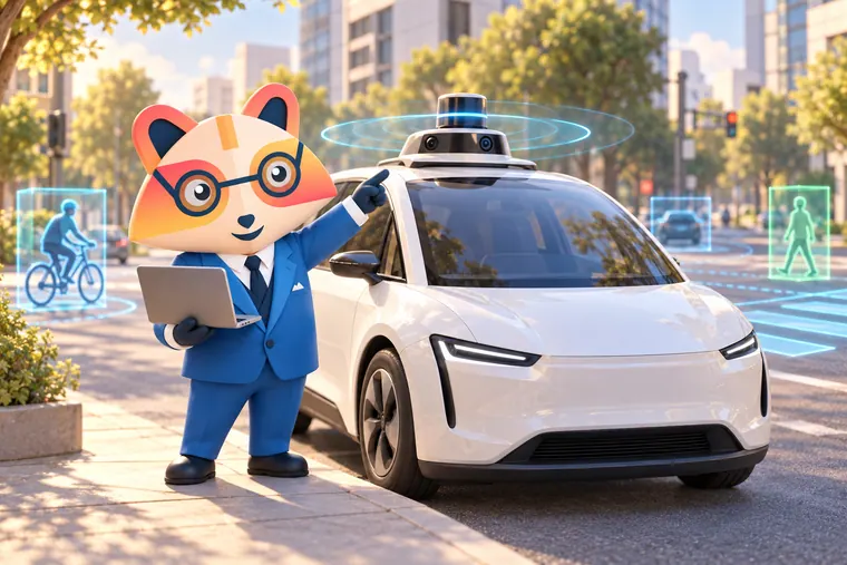 The Huru mascot holding a laptop and pointing at the rooftop sensor pod of a white driverless car on a city street, with glowing boxes around a cyclist and a pedestrian