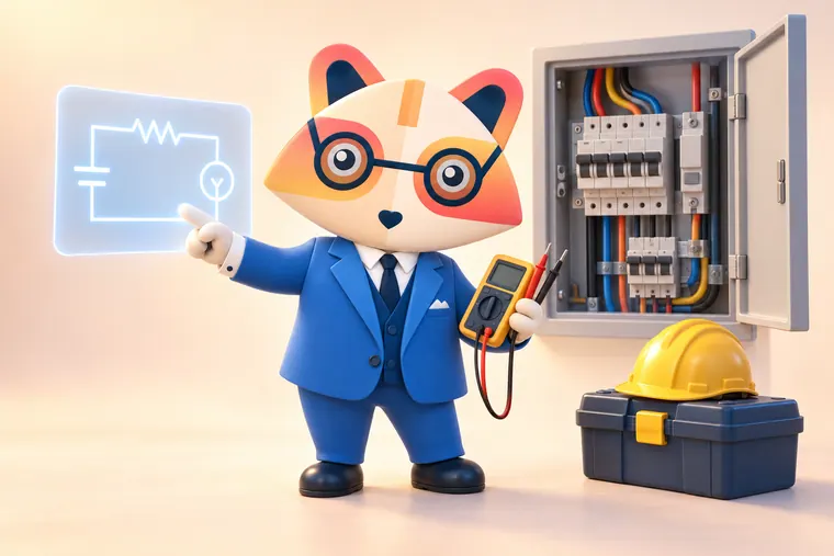 The Huru mascot holding a multimeter and pointing at a glowing circuit diagram, beside an open electrical panel and a toolbox with a hard hat