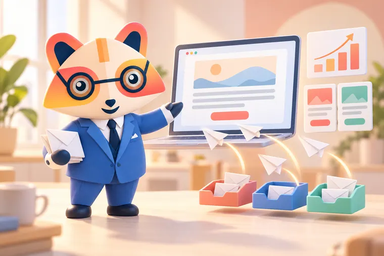 The Huru mascot holding envelopes and pointing at a laptop showing an email layout with a coral button, as paper-plane envelopes fly into three colored inbox trays, beside a rising chart and two variant cards