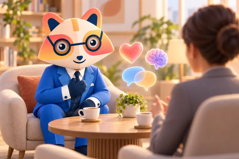 The Huru mascot in an armchair leaning forward and listening with a hand on its chest, across a small table with tea from an interviewer, with a heart, a brain and two speech bubbles floating between them