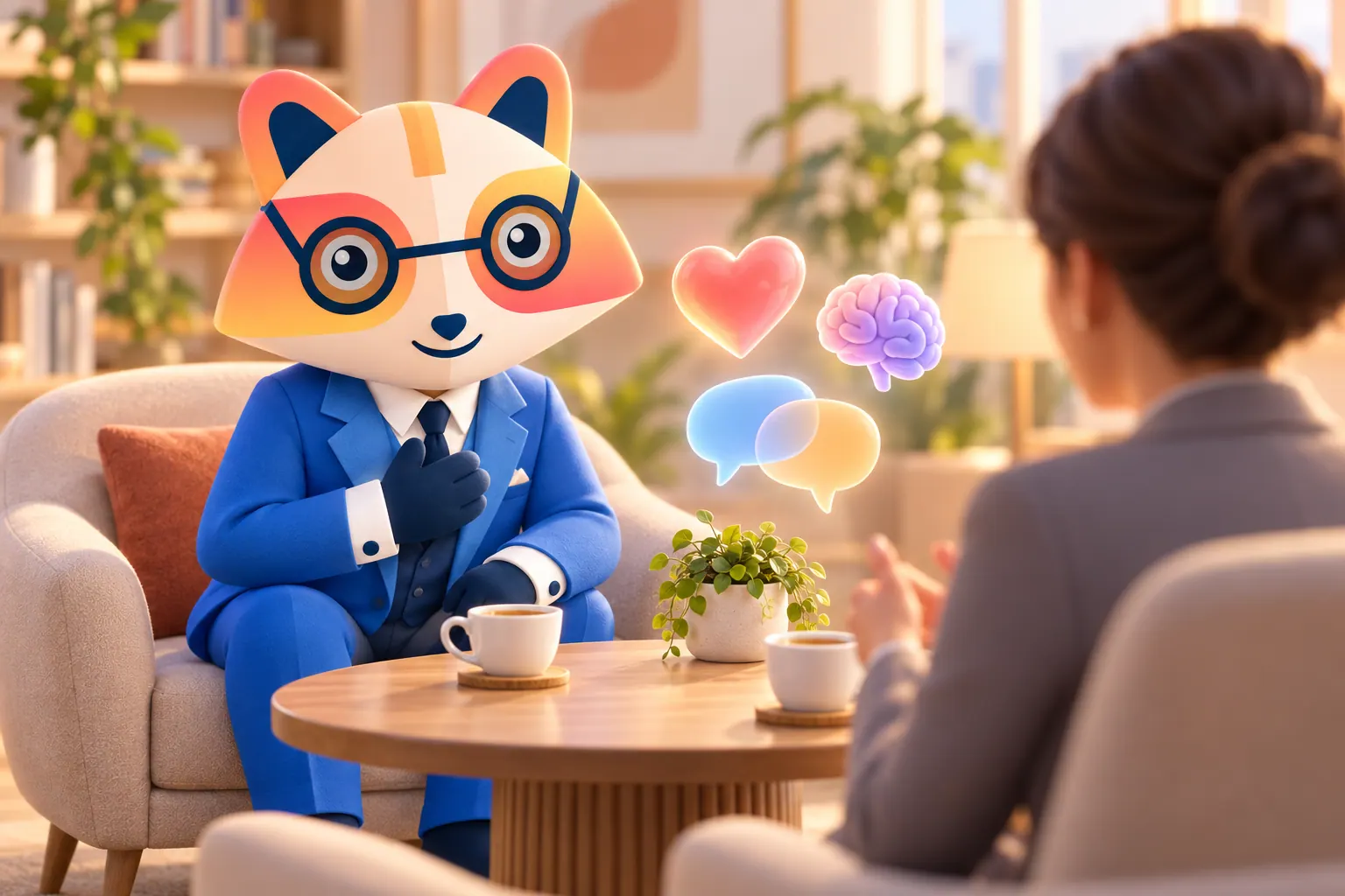 The Huru mascot in an armchair leaning forward and listening with a hand on its chest, across a small table with tea from an interviewer, with a heart, a brain and two speech bubbles floating between them