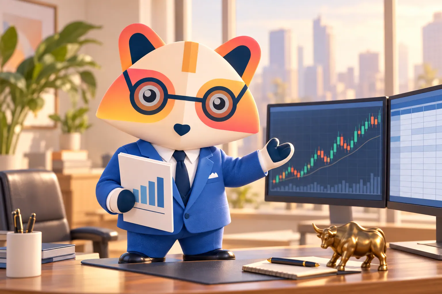 The Huru mascot presenting a research report with a bar chart beside monitors showing a candlestick chart and a spreadsheet model, with a brass bull figurine on the desk