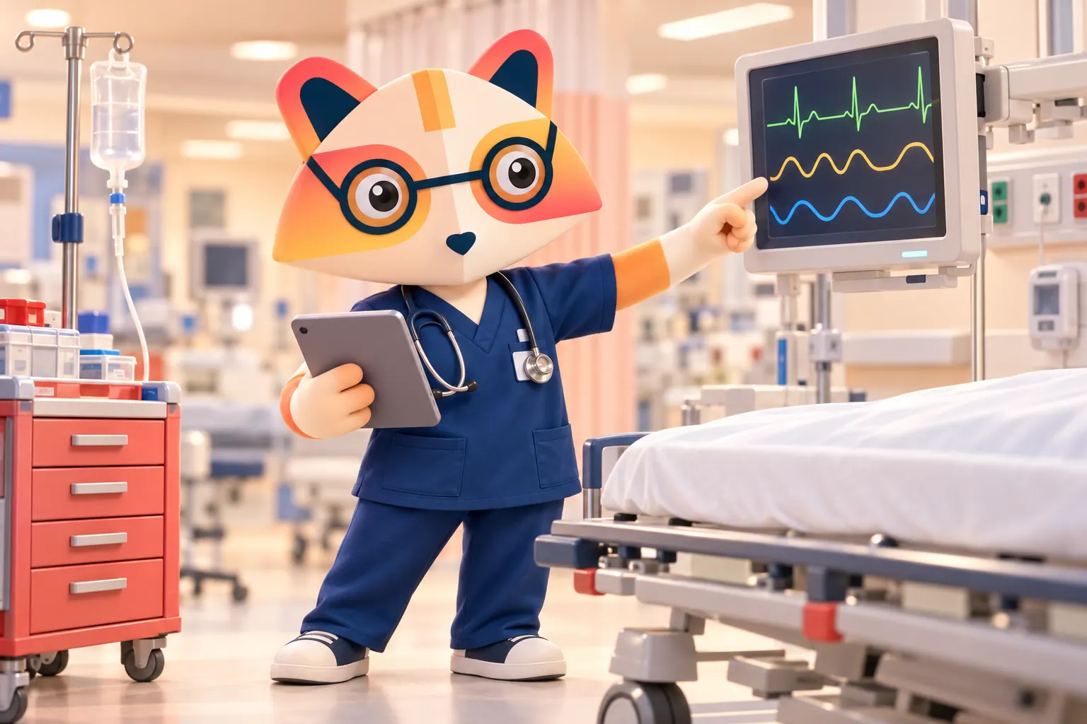 The Huru mascot in navy scrubs with a stethoscope and tablet, pointing at a bedside monitor in an emergency bay beside a stretcher and crash cart