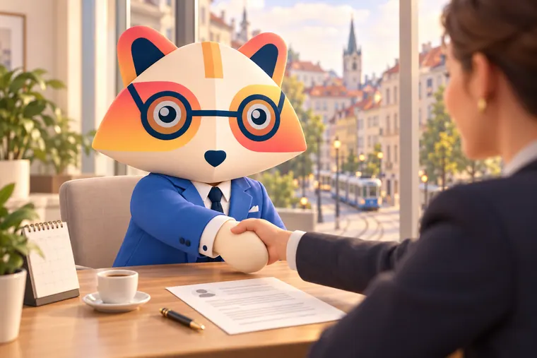 The Huru mascot shaking hands with an interviewer at a table with a one-page CV and an espresso, with a window view of a European old town with pastel buildings, a church spire and a tram