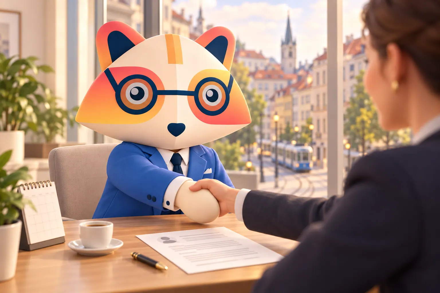 The Huru mascot shaking hands with an interviewer at a table with a one-page CV and an espresso, with a window view of a European old town with pastel buildings, a church spire and a tram