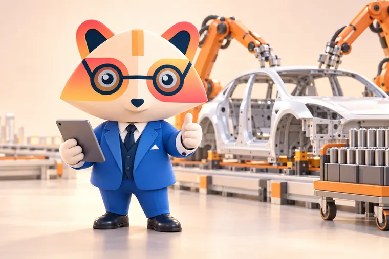 The Huru mascot giving a thumbs-up and holding a tablet in front of an electric car body held by orange robotic arms, with a cart of battery cells nearby