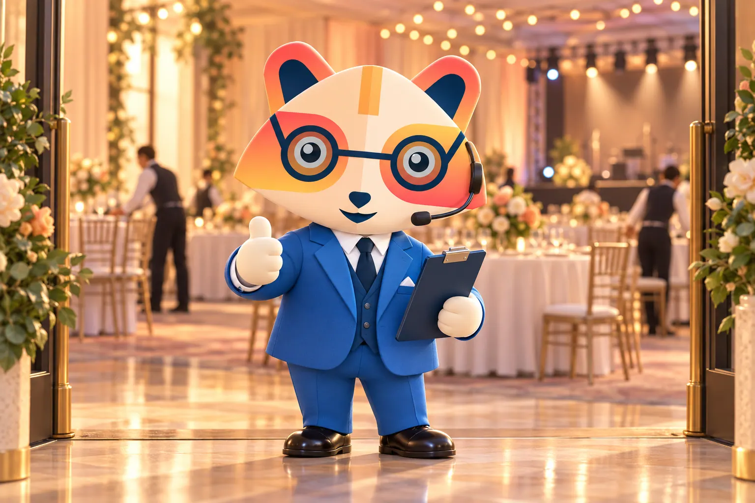 The Huru mascot wearing a headset, holding a clipboard and giving a thumbs-up at the entrance of an elegant event hall with round tables, flowers, string lights and a stage being set up