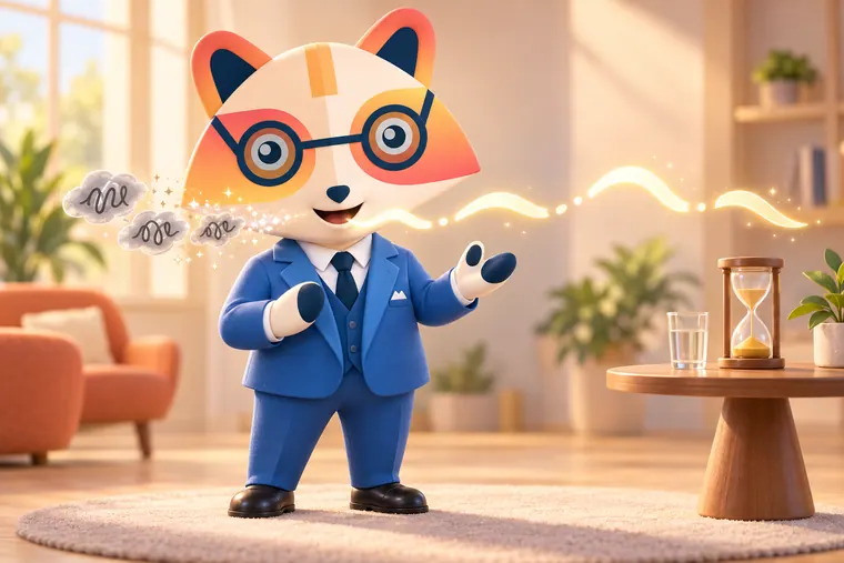 The Huru mascot speaking calmly with an open gesture as grey scribble bubbles pop into sparkles and a smooth glowing ribbon with evenly spaced gaps flows from its mouth, next to an hourglass and a glass of water