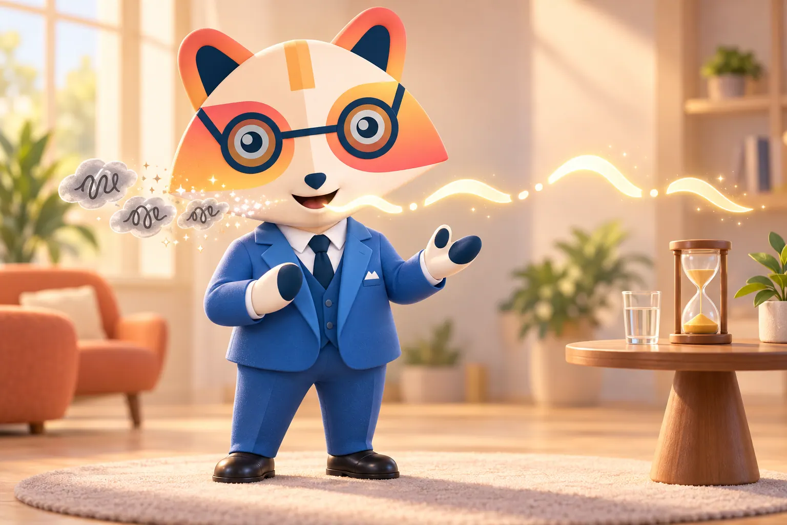 The Huru mascot speaking calmly with an open gesture as grey scribble bubbles pop into sparkles and a smooth glowing ribbon with evenly spaced gaps flows from its mouth, next to an hourglass and a glass of water