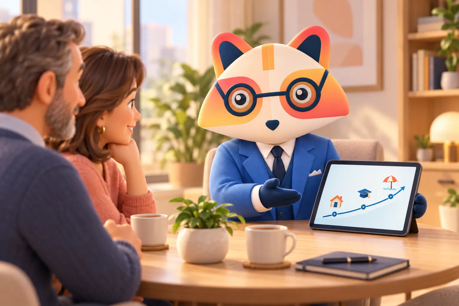 The Huru mascot at a round table showing a couple a tablet with an upward line chart and milestones for a house, a graduation cap and a beach umbrella, with coffee cups and a plant on the table