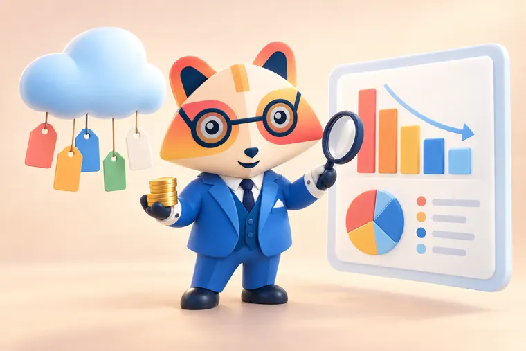 The Huru mascot holding gold coins and a magnifying glass next to a cloud with colored tags and a falling bar chart