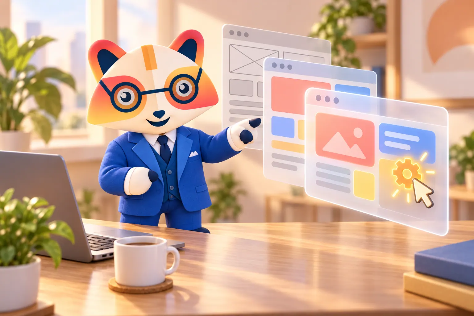 The Huru mascot points at a browser window shown as three layers: grey structure boxes, colored styled boxes, and a front layer with a gear and a cursor