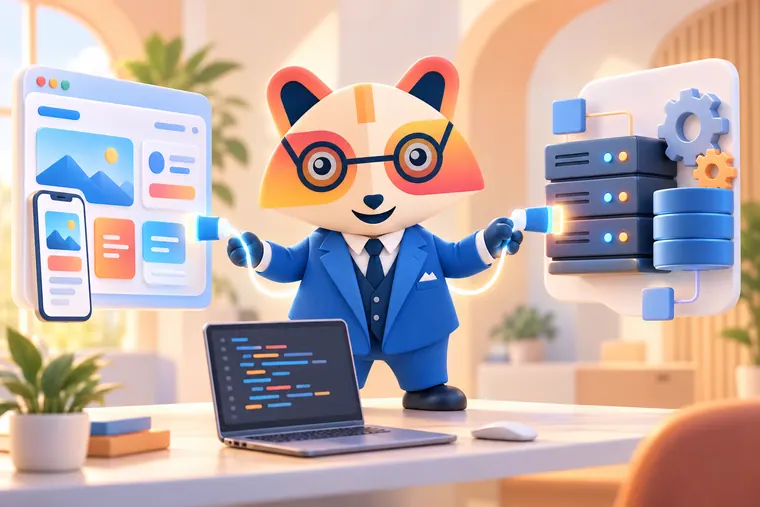 The Huru mascot standing between a floating web app interface with a phone screen and a floating server and database stack, joining them with glowing cables, above a laptop of code