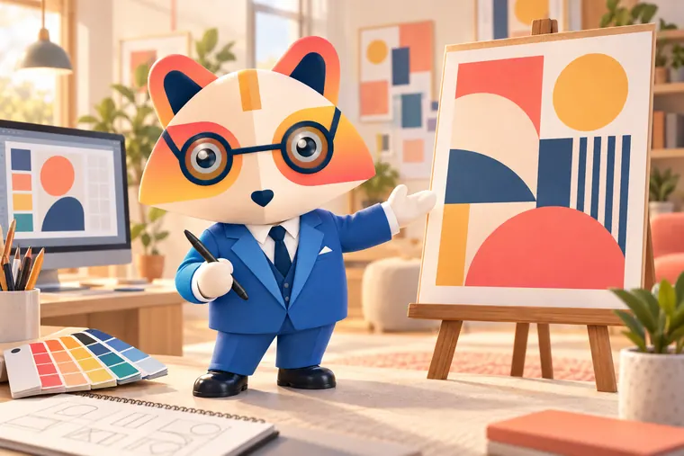 The Huru mascot holding a stylus and presenting a bold geometric poster on an easel, with a color swatch fan, a sketchbook of thumbnails and a monitor showing a layout grid on the desk